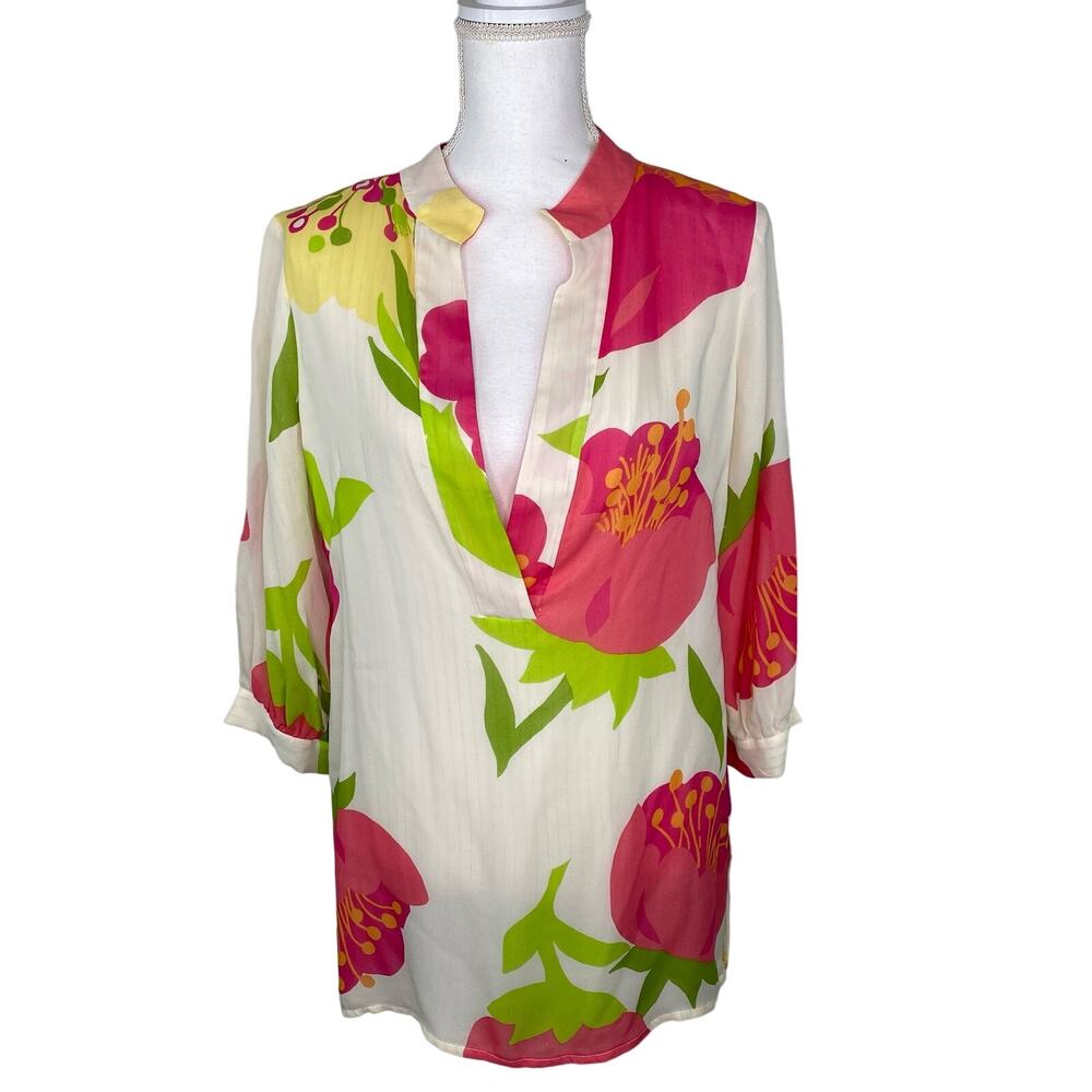 Lilly Pulitzer Women's 100% Silk Blouse Size 8 Cream Floral Print